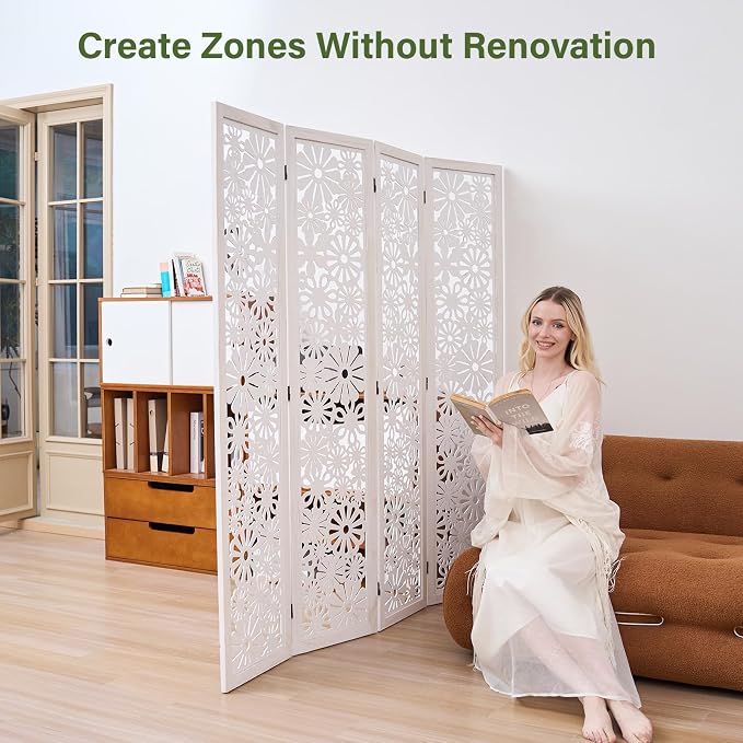 Folding Wood Room Divider Panel, 67 Inch Tall Daisy-Carved Privacy Screen - Image 5
