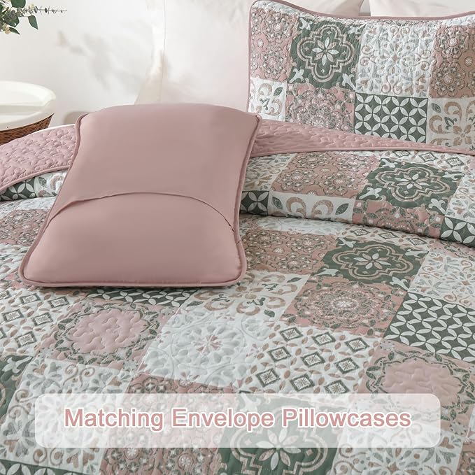 Quilt Set Queen Boho Plaid Patchwork Bedspreads Coverlet, Blush Pink | 3Pcs - Image 6