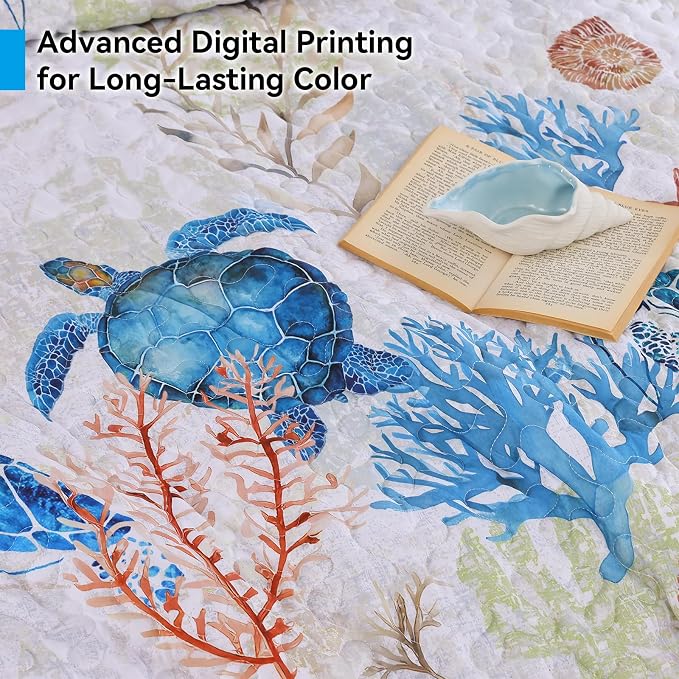 weigelia Coastal Quilt King Size, Sea Turtle Lightweight Summer Bedding | Sea - Image 7