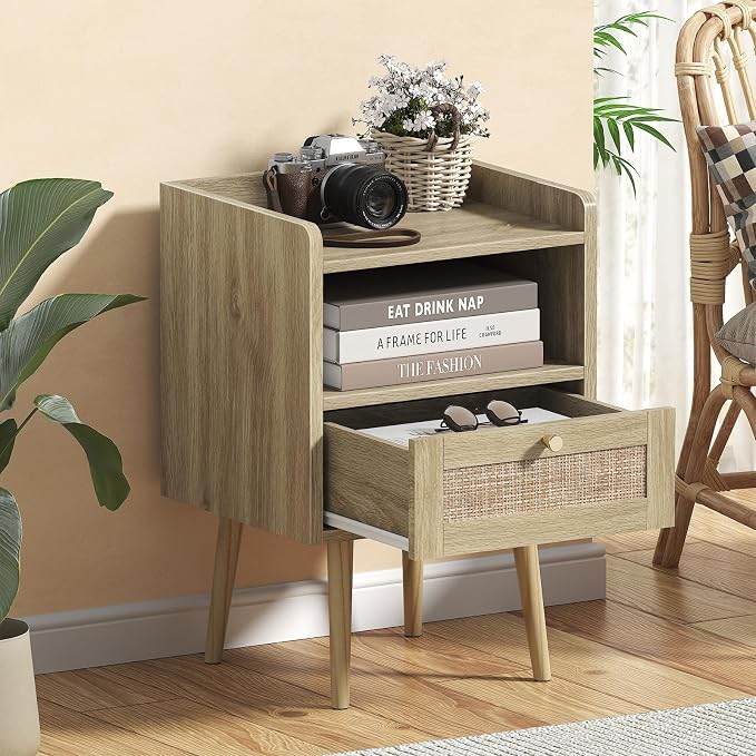 MECHYIN Night Stand with Charging Station & Rattan Decor Drawer, Boho Bedside - Image 5