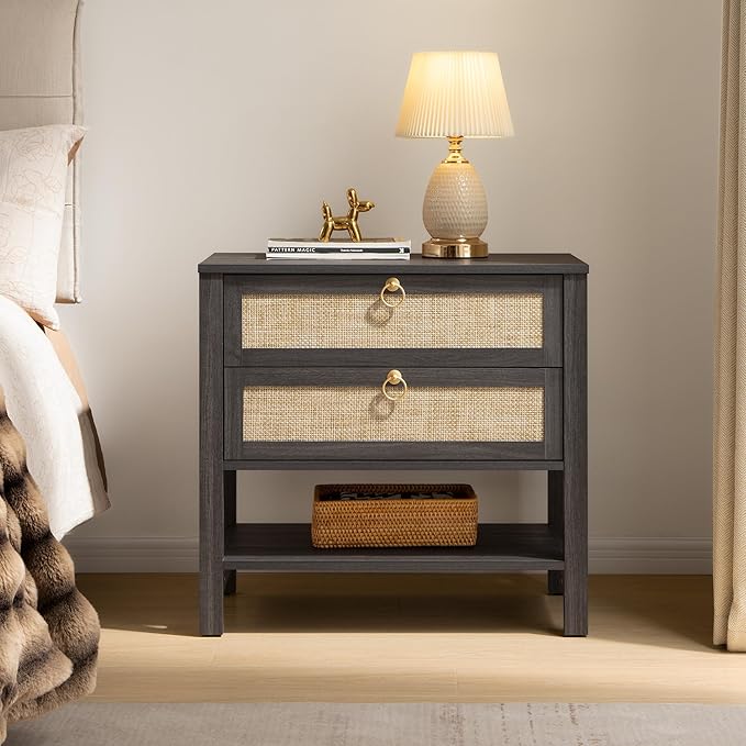 SICOTAS Rattan Nightstand Set of 2, Wide Boho Bedside Table - Image 6