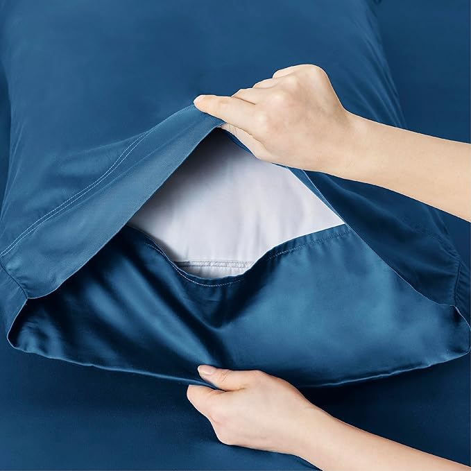 Bedsure Queen Sheet Set, Rayon Derived from Bamboo, Cooling Sheets, Deep Pocket Up to 16", Breathable & Soft, Hotel Luxury Silky Bedding for Hot Sleepers, Teal