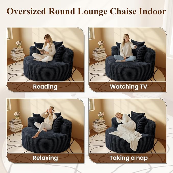 50" Round Chaise Lounge Chair Indoor, Oversized Corduroy Upholstered Boneless - Image 7