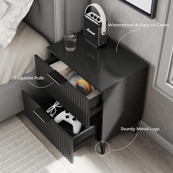 Black Fluted Nightstand Set of 2, Modern Night Stands - Image 6