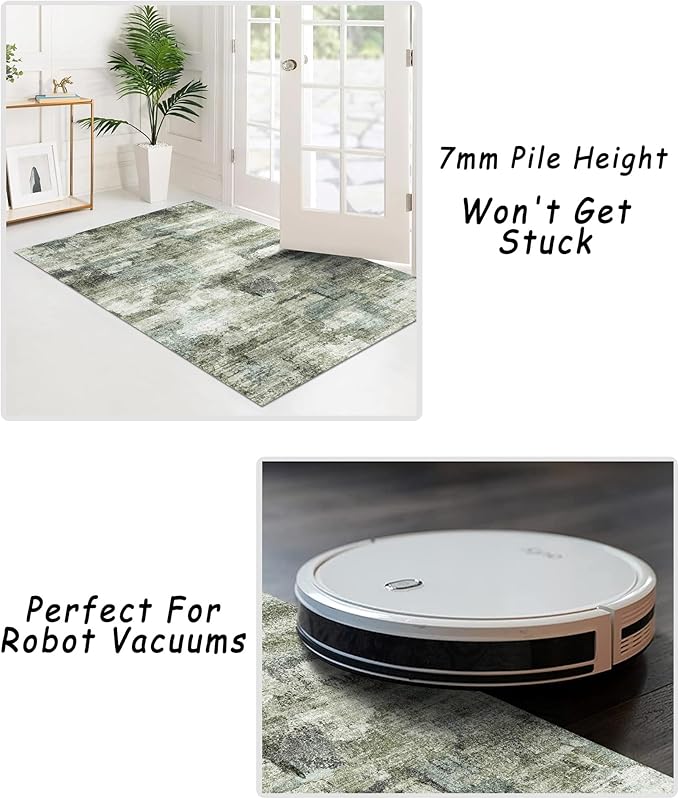 vivorug 9x12 Area Rugs for Living Room, Non Slip Machine Washable Modern Abstract Rug, Ultra-Thin Lightweight Large Area Rug for Bedroom, Dining Room, Low Pile Green