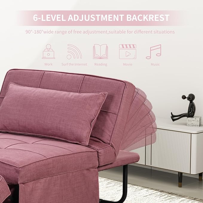 Pink Sofa Bed, 4 in 1 Convertible Chair Multi-Function Folding Ottoman Guest Bed - Image 4