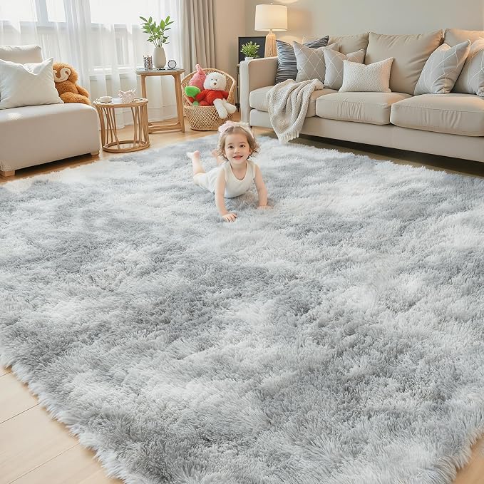 Area Rugs10x14 for Living Room, Light Grey Tie-Dyed Large Shaggy Plush Rugs | - Image 2