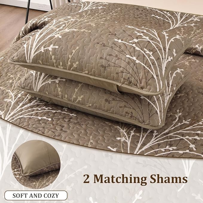 DJY Brown Quilt Set Queen Size Branch Botanical Bedspread Coverlet Set | 3 - Image 6