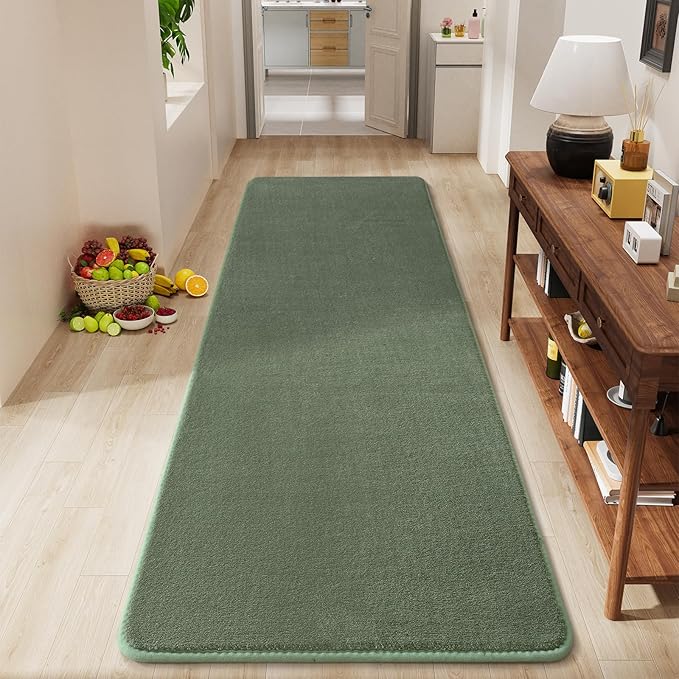 Modern Soft Hallway Runner Rug, 2x6 Sage Green Washable Runner Rugs | Fluffy by AmeareaDirect
