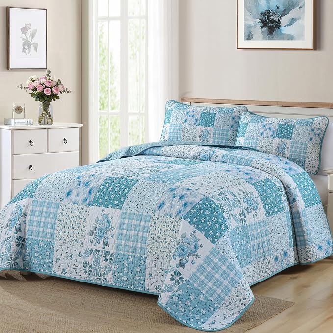 Mybedsoul Blue Patchwork King Size Quilt, Soft Boho Floral King Bedspreads - Image 2