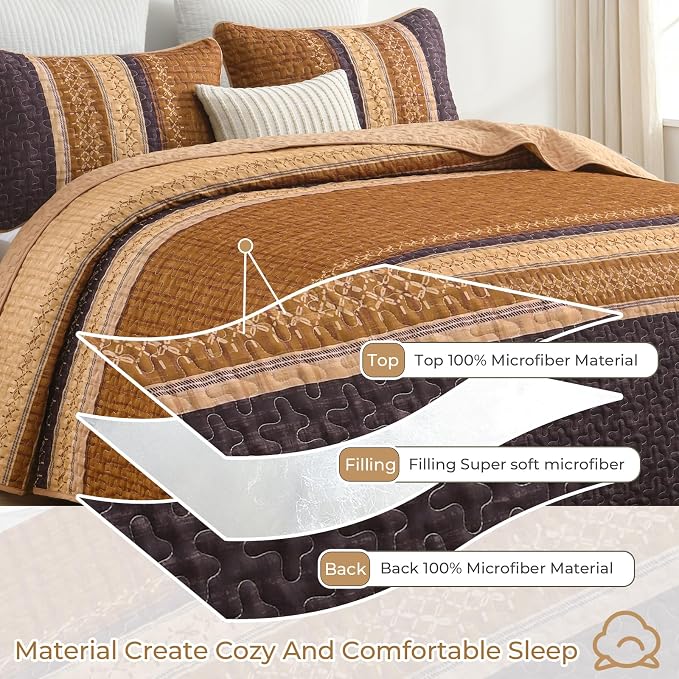 Cottolester Fall Quilt Set Queen, Burnt Orange Striped Patchwork Bedspread | - Image 3