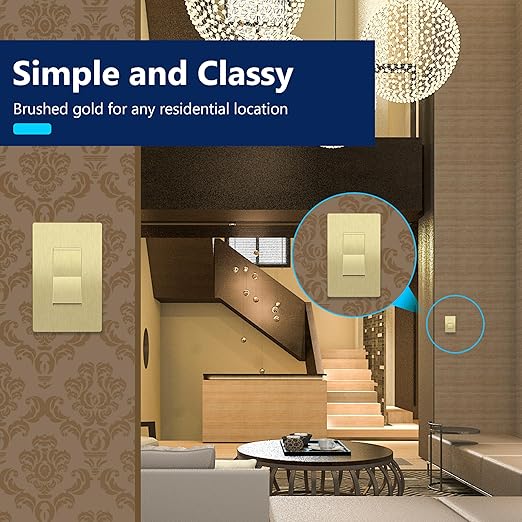 LIDER Brushed Gold Minimalist Design Decorator Switch, Frameless Paddle Wall Light Switch, On/Off Rocker Switch, 3-Way or Single Pole, Residential Grade, UL Listed, 3 Wire, 15A 120-277VAC