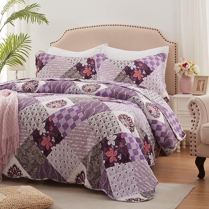 King Size Quilt Set 3 Pieces Lightweight Reversible Bedspread-98''x106'' Soft by LEAONME