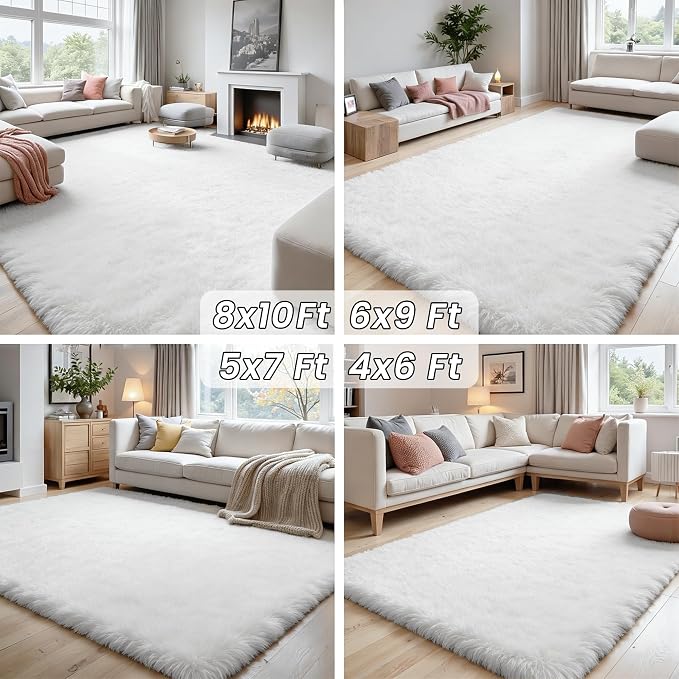 6x9 Fluffy Shag Area Rugs for Living Room Bedroom: Soft Plush Carpet White | - Image 7