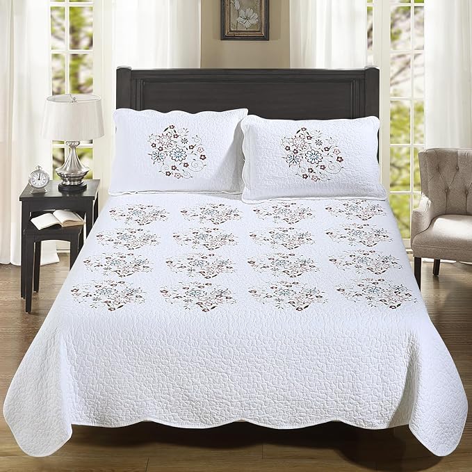ROOMLIFE Quilt Set Full Size 3D Floral Embroidery Pattern 3-Piece Cotton by ROOMLIFE