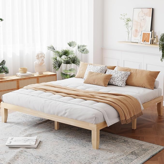 Giantex King Wood Platform Bed Frame, 14 Inch Solid Rubber Wood Mattress Foundation, Heavy Duty Wooden Slats Support, No Box Spring Needed, Easy Assembly, Natural