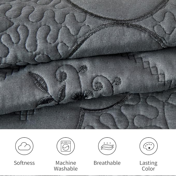 Cmfshape Floral Embroidery Quilt Set, 3 Pieces Queen Quilt Bedding Set - Image 6