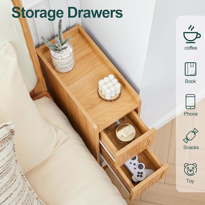 Narrow Nightstand Set of 2, Wooden Small 2 Drawer Nightstand, Slim Side End - Image 6