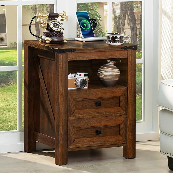 Joaxswe Nightstand with Charging Station and 2 Drawers, Farmhouse | Rustic by Joaxswe