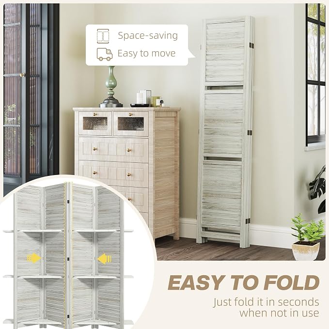 HOMCOM Room Divider with Shelves, 4 Panel, Distressed White | Wood Privacy - Image 4