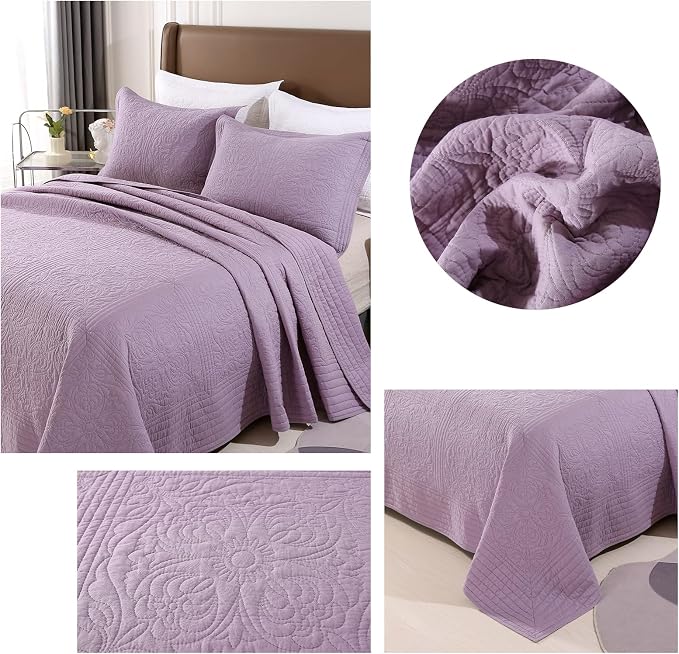 ROOMLIFE Quilt Set Full Size 3D Floral Embroidery Pattern 3-Piece Cotton - Image 5