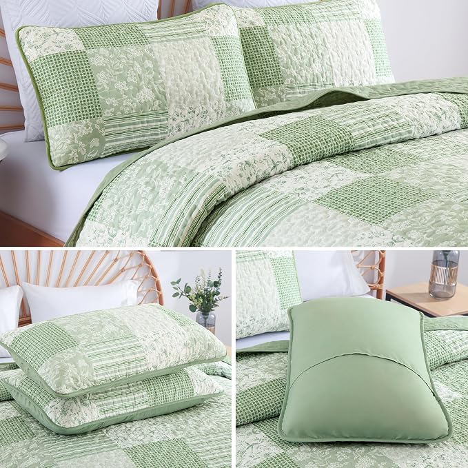Mybedsoul Light Green Quilt Set Twin Size Dorm Bedding, 2 Pieces Plaid Floral - Image 6