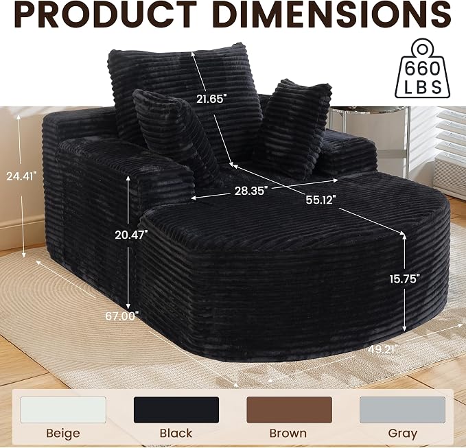 Sleeper Chair Lounge Chair Indoor, Oversized Corduroy Upholstered Boneless - Image 2