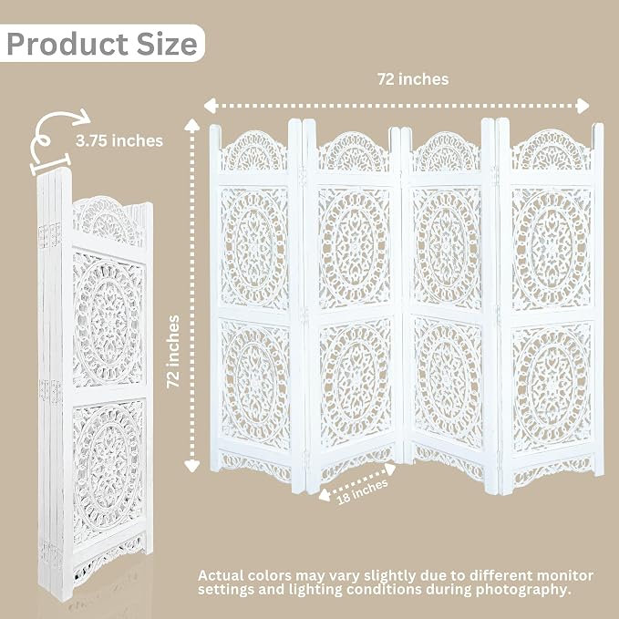 Lightnpro 4-Panel Wooden Room Divider 48 × 64 Inch Antique White Finish - Image 3