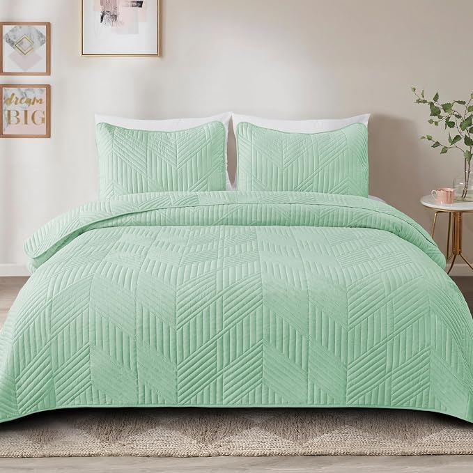 Exclusivo Mezcla Ultrasonic Full Queen Quilt Bedding Set, Mint Green | - Image 2
