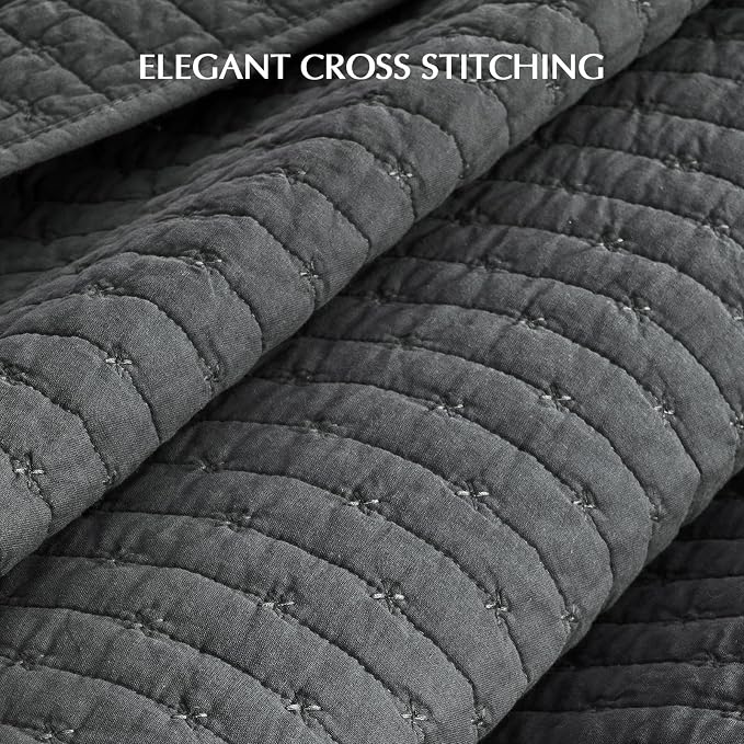 100% Cotton Cross Stitch 3-Piece Quilt Set, Charcoal | Cross Stitch Cotton Quilt - Image 3