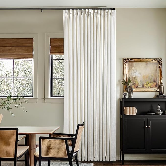 Extra Wide Pinch Pleat Curtains 84 Inches Long for Patio Sliding Glass Door Natural Cream Linen 60 Inch Wide Curtain Memory Trained Pleated Drapes Hooks Rings 60x84 Curtain for Large Window 1 Panel