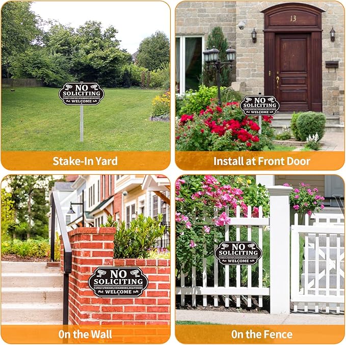 No Soliciting Sign for House, No Soliciting Signs for Front Door with Long Stake, Heavy Duty Aluminum Yard Signs UV Protected Weather Resistant and Easy Install for Lawns Garden (14x7 inches Black)
