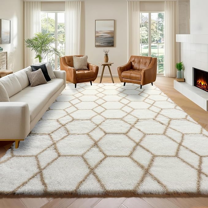 7x9 Area Rugs for Living Room Bedroom, Large Fluffy White and Beige Throw Rug by ONASAR