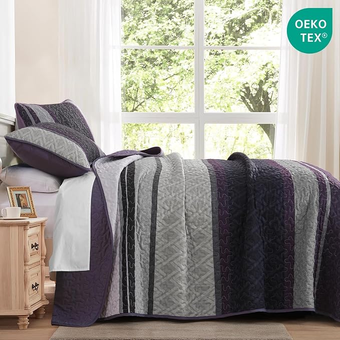 Dinjoy California King Quilt Set Purple, Striped Bedspread, Bedding Sets | 3 - Image 3