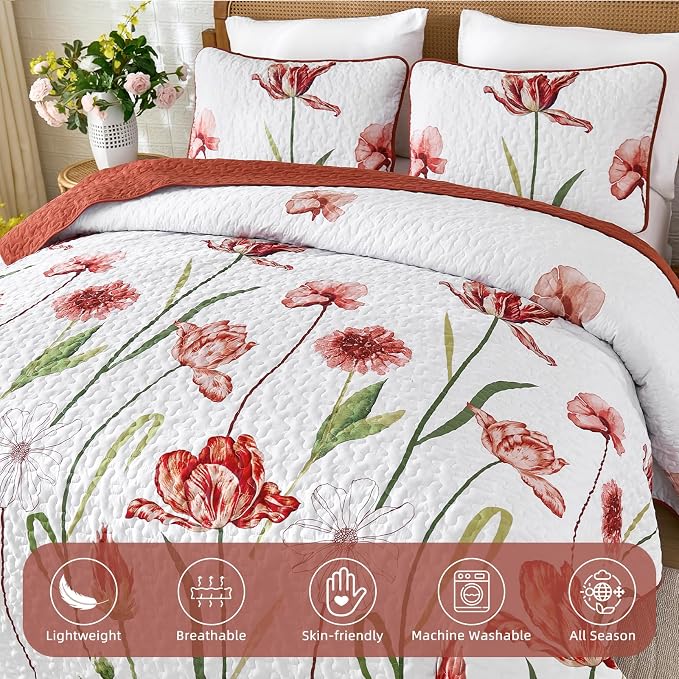 WONGS BEDDING Red Quilt Set Queen Size, Cute Red Floral Botanical Bedspread - Image 7