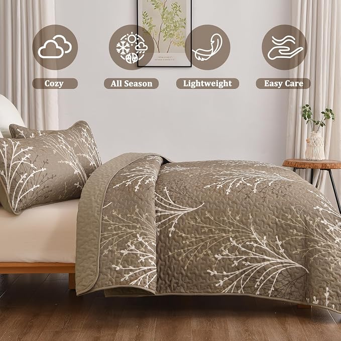 DJY Brown Quilt Set Queen Size Branch Botanical Bedspread Coverlet Set | 3 - Image 3