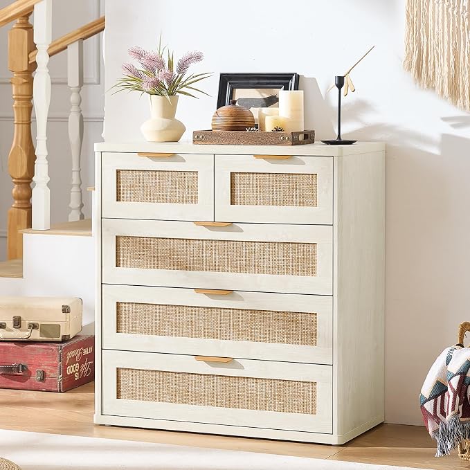 LEYAOYAO Rattan Dresser for Bedroom, 33.5" Small Chest of Drawers | Gold Metal - Image 9
