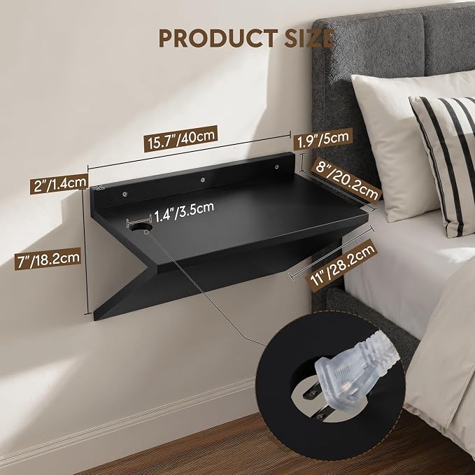 Floating Nightstand Set of 2 Black Wood Bedside Table Wall Mounted | Z-Shape - Image 2
