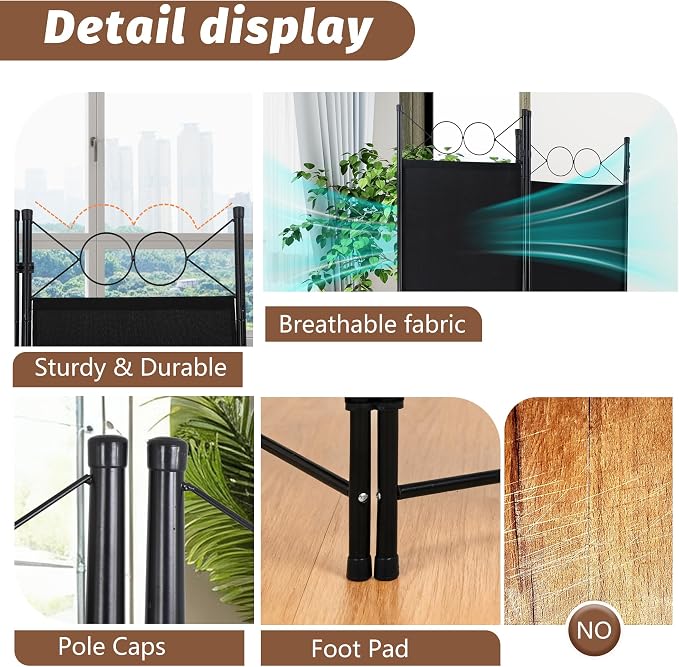 FDW 4-Panel Folding Room Divider | 6ft, Coal Black | Light & Portable | - Image 6