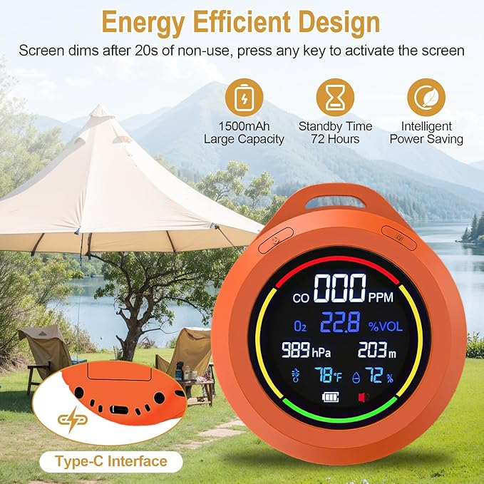 Portable Carbon Monoxide Detectors, 6-in-1 CO Detector, CO/O2/Temperature/Humidity/Altitude/Atmospheric Pressure, Portable Oxygen Detector with Alarm & Color Backlight, for Indoor, Camping, RV,Travel