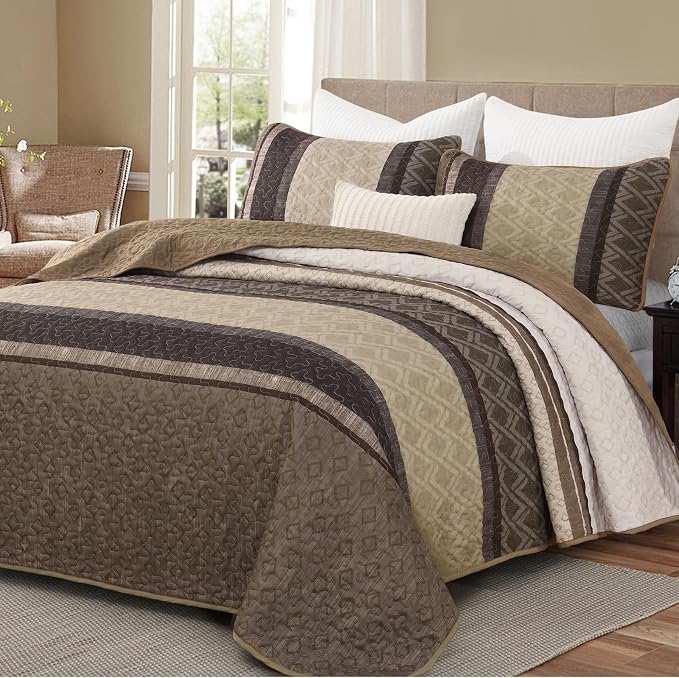 Dinjoy Boho Queen Quilt Set, Striped Bedspread Queen Size, Taupe | 3 Pieces by DINJOY