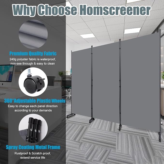 Room Divider 102'' Wide Folding Privacy Screen, 3 Panel Wall Divider w/Wheel | - Image 2