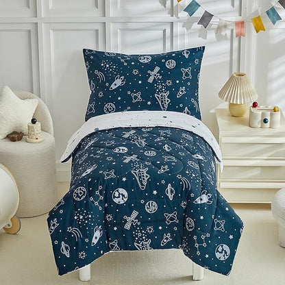 4 Pieces Toddler Bedding Set for Boy,Space Toddler Bed Comforter Set,Soft and Breathable Microfiber Crib Sheet Set,Includes Quilted Comforter, Flat Top Sheet, Fitted Sheet, Envelope Pillow Case -Blue