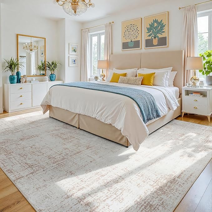 8x10 Washable Area Rug for Living Room Bedroom: Non-Slip Modern Beige White | - Image 2