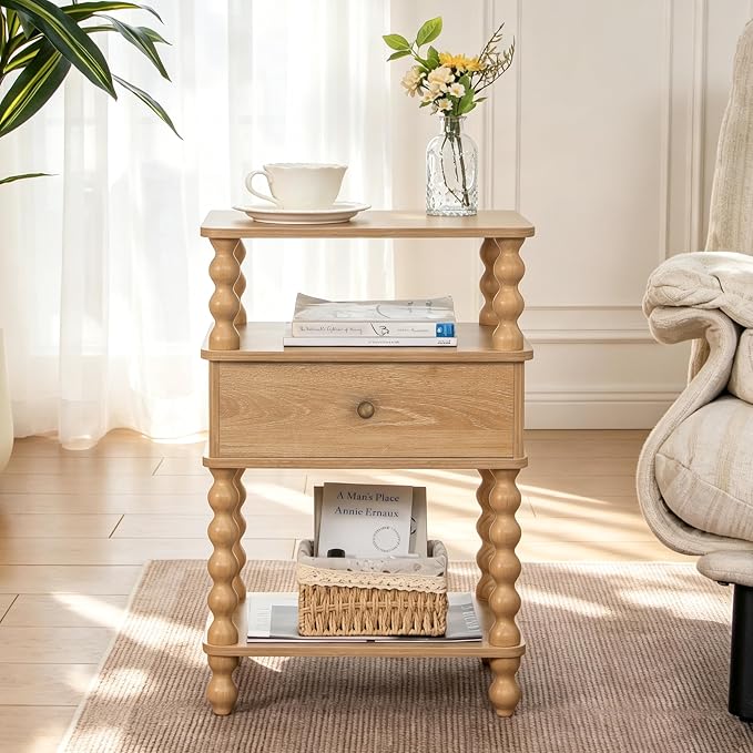 AWASEN Nightstand with Drawer, Walnut Bedside Table with Storage, End Table | - Image 8