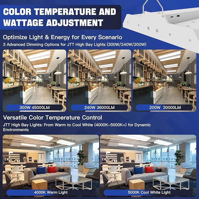 JTT LED Linear High Bay Light 300/240/200W,3FT 45000LM Linear Shop Light Commercial 120-277V,4000/5000K High Bay Lights Shop Workshop Store Commercial Supermarket Warehouse Basement,2-Pack ETL