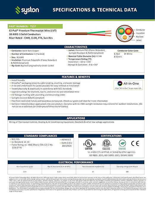 Syston 18/3 Thermostat Doorbell HVAC Heating Control Cable Wire, 18 AWG 3 Conductors 100% Solid Copper Conductors CL3R/FT4/CMR Riser-Rated, UV Resistant RoHS for Low Voltage Applications Use