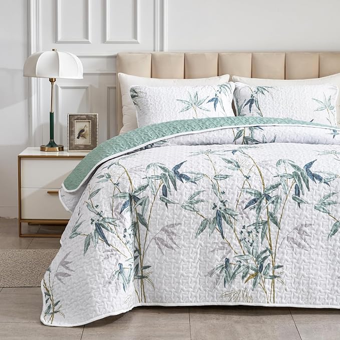Botanical Quilt Set 3 Pieces Full/Queen Size, Soft Microfiber Lightweight Bed - Image 3