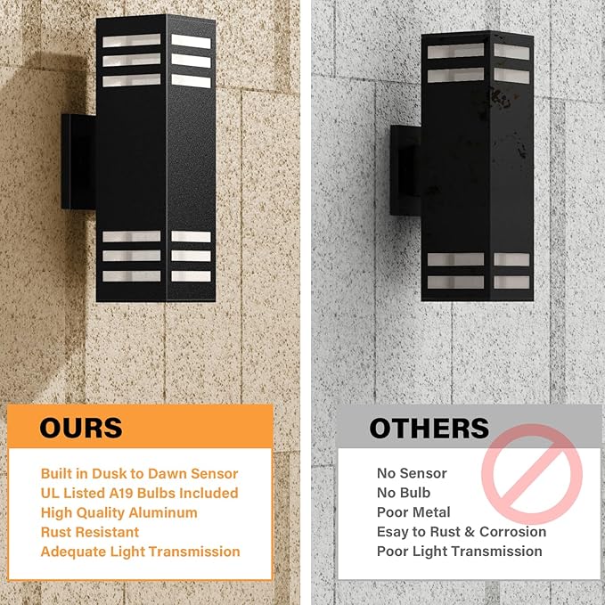 rosykite Dusk to Dawn LED Outdoor Light Fixture Wall Mount,Black Square Porch Lights Outdoor,Modern Exterior Wall Sconce Lights 13In, Bulb Includes Up Down Outside Wall Light for House Front Door