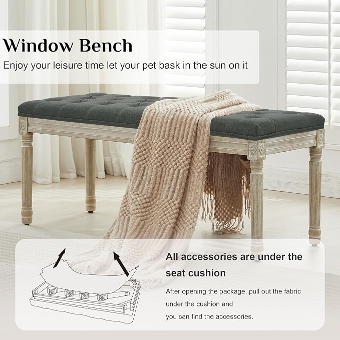 LOULENS 57.7" Linen End of Bed Bench King Size, Dark Grey | French, Upholstered - Image 3
